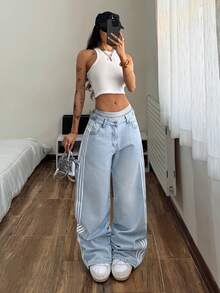 StreetHx 女士休闲日常牛仔裤，侧边拼接撞色设计 - 淺色水洗藍 - 查看 3