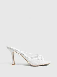 CUCCOO SZL 女士网纱拼接蝴蝶结绑带圆头细高跟凉鞋，优雅浪漫，适合下午茶、约会、优雅装扮、度假等场合。 - 米色 - 查看 3