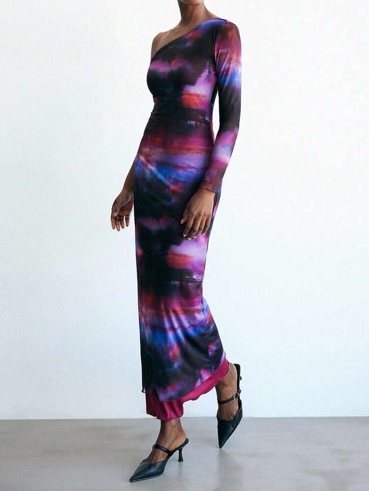 SHEIN Maija Digital Print Mesh Single Shoulder Fitted Long Dress, Modern Urban Fashion With Design, Women Spring/Summer