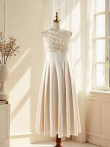 优雅奢华时尚圆领无袖高腰收腰长裙，杏色3D玫瑰花卉网纱缎面面料，少女高端舞会礼服 - 杏色 - 查看 6