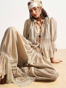 Bohemela 女士休闲梭织拼接蕾丝边宽松裤 - 綠色 - 查看 2