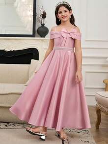 Sparklyn Tween GirlsElegant Solid Color Snug Fit High Waist High Slit Asymmetric Ruffle Hem Midi Dress, Suitable For Parties, Banquets, Flower Girl Weddings, Birthdays And Other Important Occasions - Pink - View 3