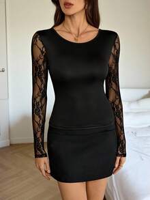 SHEIN Tall Women's Summer Lace Panel Mesh Fashion Sexy T-Shirt Black See Through Top - Black - View 4