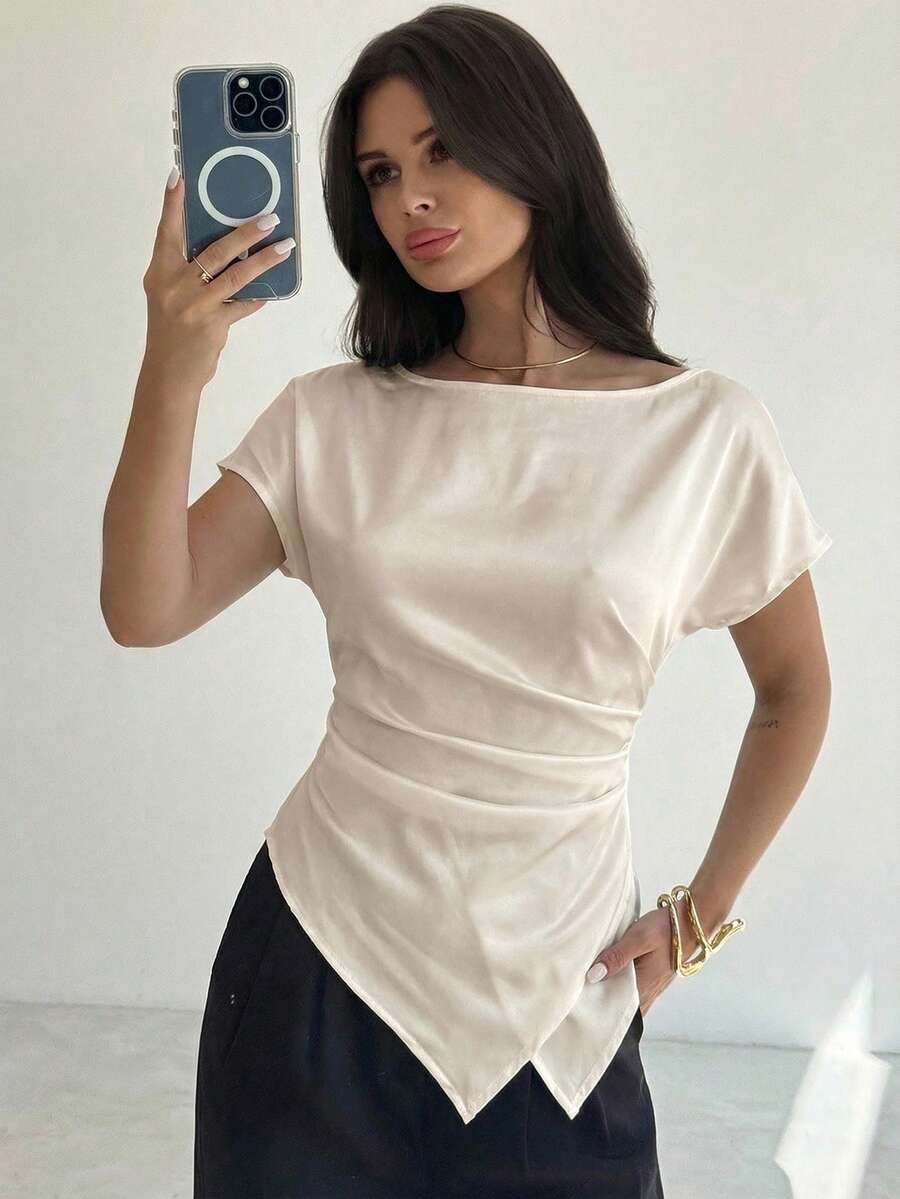 Firerie 女士休闲优雅缎面衬衫/职业衬衫/正式衬衫/光泽缎面衬衫 - 杏色 - 查看 1