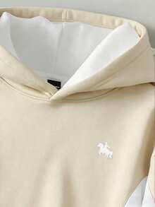 Manfinity Joysei Áo hoodie dài tay nam phối màu tương phản, thêu họa tiết, kiểu dáng thường ngày, có bo gấu. - Màu be - Xem 4