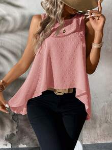 夏季休闲白色镂空圆领不对称下摆A字型背心，显瘦 - 藕粉色 - 查看 3