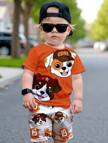 SHEIN 2 件套 PUPPIES 儿童图案休闲圆领短袖 T 恤和短裤，适合夏季