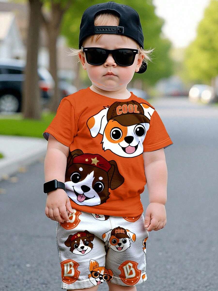 SHEIN 2 件套 PUPPIES 儿童图案休闲圆领短袖 T 恤和短裤，适合夏季