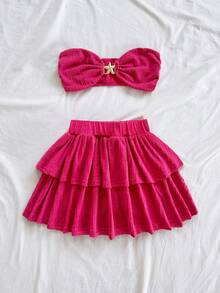 Soleia 两件套女士镂空海星金属抹胸露脐上衣和多层迷你裙套装，适合假日、约会、下午茶、度假、音乐节、波西米亚风等场合。 - 粉色 - 查看 6