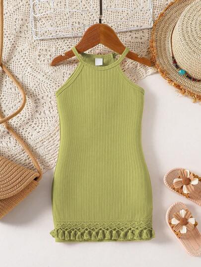 SHEIN Elladie kids Young Girl Summer Outdoor Beach Vacation Solid Color Tassel Hem Halter Dress Olive Green Dress Girls Summer Girl Dress Toddler Summer Dress Green Crochet Dress For Tweens