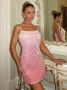 Allurite 女士浪漫修身性感渐变彩虹亮片迷你连衣裙，夏季 - 粉色 - 查看 5