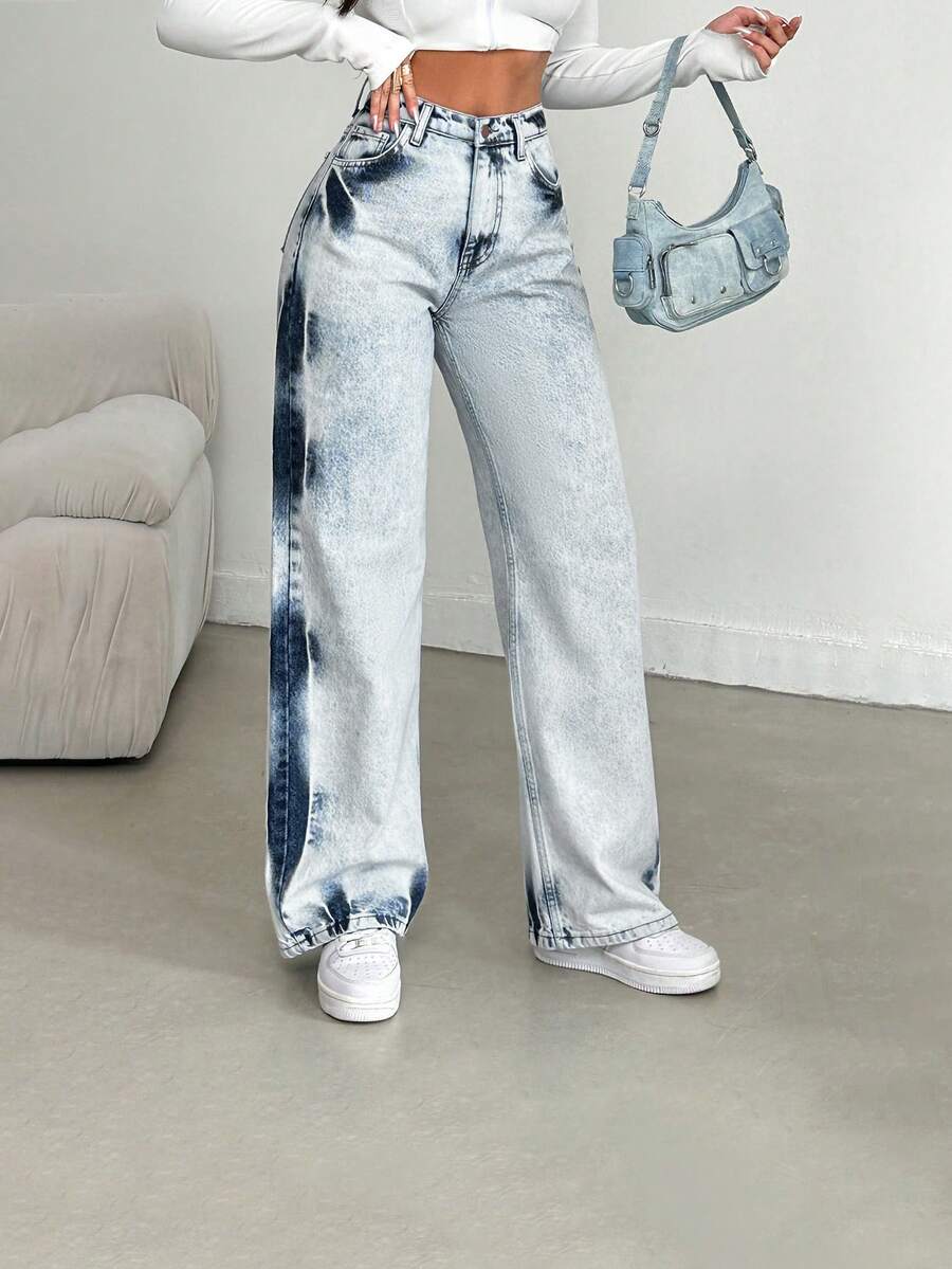 SHEIN Mittlere Taille, Gürtelschlaufen, lässig, locker, 100% Baumwolle, Damen Batik-Jeans - Blau - Übersicht 1