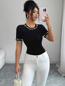 Elenzga Áo thun ngắn tay nữ màu trơn, thanh lịch, kiểu dáng thường ngày, đính ngọc trai lấp lánh. - màu đen - Xem 7