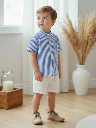 SHEIN 2件套男童休闲舒适百搭条纹立领短袖衬衫短裤套装，适合上学、婚礼、派对、春夏穿着