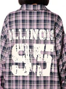 SUMWON WOMEN Oversized Plaid Button Up Shirt With Script Print Long Sleeve Collared Blouse Fall Winter Style - Purple - View 4