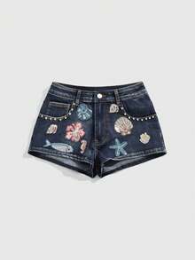 ROMWE Avant Quần short denim phong cách cổ điển Y2K, cạp siêu thấp, gợi cảm, họa tiết sinh vật biển, đính sequin và thêu. - Màu xanh lam - Xem 1