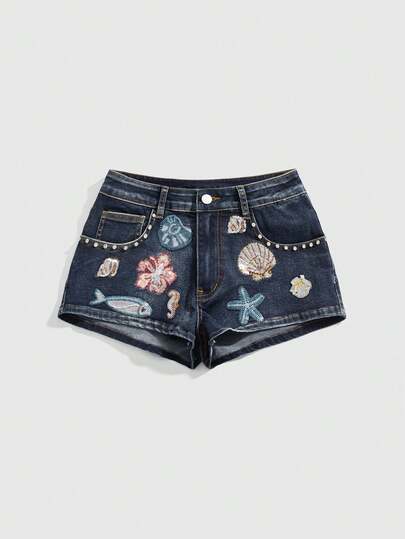 ROMWE Avant Vintage Y2K Vacation Style Super Low Waist Sexy Bombshell Ocean Creature Sequin Embroidered Denim Shorts