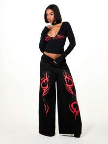 SUMWON WOMEN Rhinestone Embellished Flame Graphic Wide Leg Joggers With Elastic Waistband Drawstring And Side Pockets For Casual Streetwear - Black - View 5