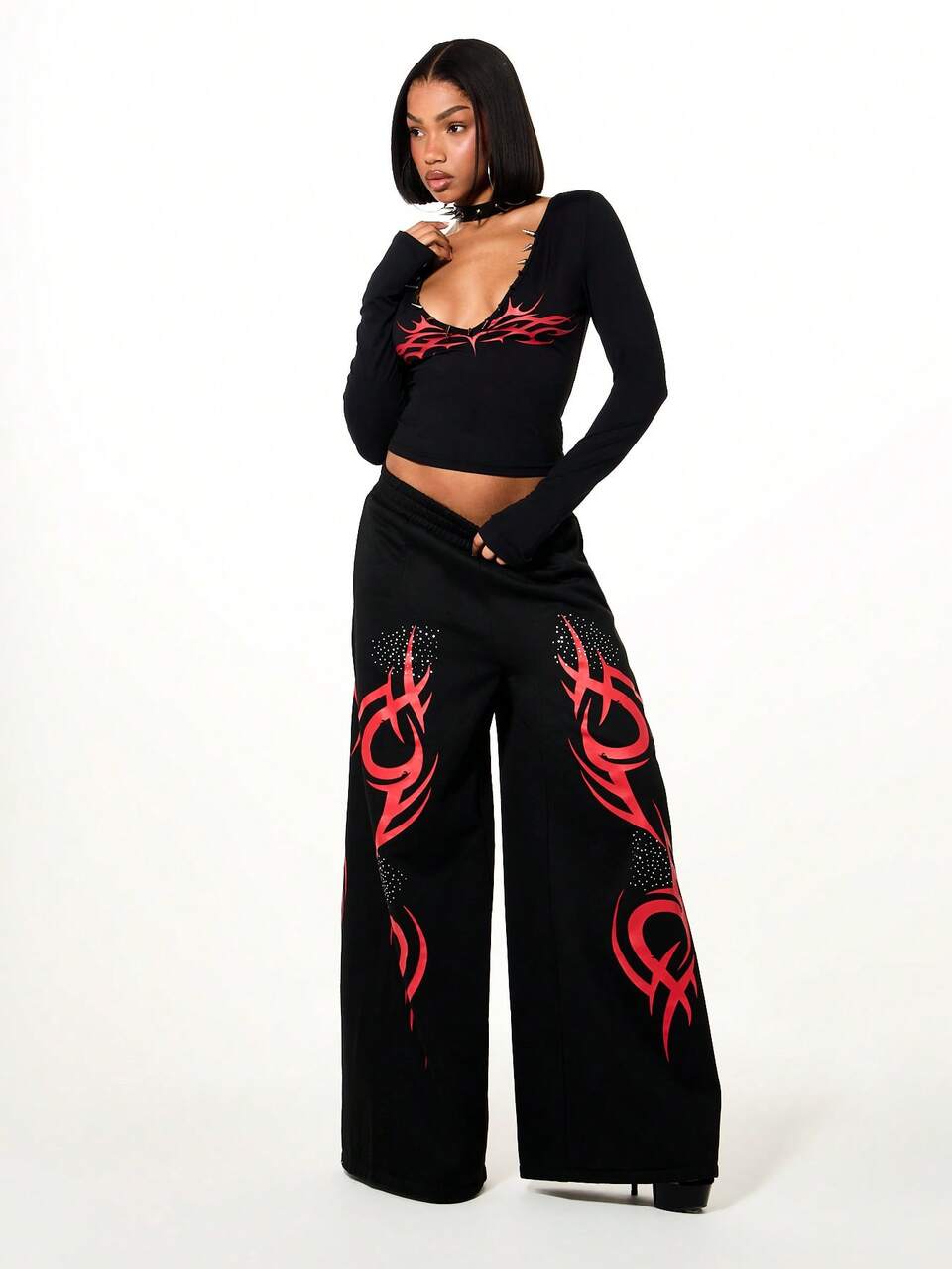 SUMWON Rhinestone Embellished Flame Graphic Wide Leg Joggers With Elastic Waistband Drawstring And Side Pockets For Casual Streetwear