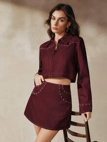 Anewsta Women's Jacket Coat, Retro Chic Luxury Elegant Heavy Craft Rivet Decor Contrast Trim Fitted Short Jacket For Women - Burgundy - View 4