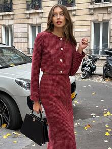 SHEIN Unity Bộ 2 món vải tuýt đỏ rượu: Áo khoác lửng và chân váy ôm sát - Màu Đỏ Sâu - Xem 4