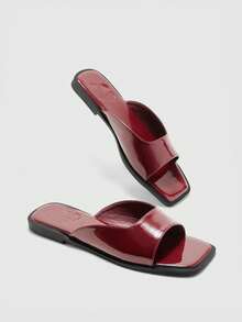 CUCCOO BIZCHIC 新款户外女士平底凉鞋，方头时尚简约酒红色套脚拖鞋，舒适休闲，适合派对和通勤，夏季厚底防滑拖鞋，圣诞节必备 - 漆皮棗紅色 - 查看 2