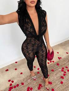SHEIN SXY 黑色性感蕾丝深V露背连体裤 - 黑色 - 查看 4