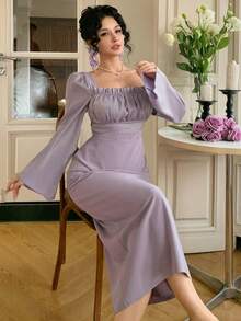 DAZY 女士优雅纯色方领荷叶边喇叭袖连衣裙，春夏婚礼宾客礼服长款连衣裙 - 紫色 - 查看 8