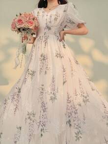 DAZY 女士优雅花卉刺绣V领泡泡袖中长连衣裙，春夏婚礼宾客礼服/吊带裙 - 淺粉色 - 查看 1