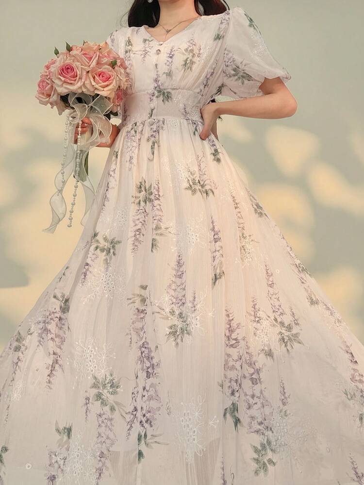 Women's Elegant Floral Embroidered V-Neck Puff Sleeve Midi Dress, Spring/Summer Wedding Guest Dress Sundress