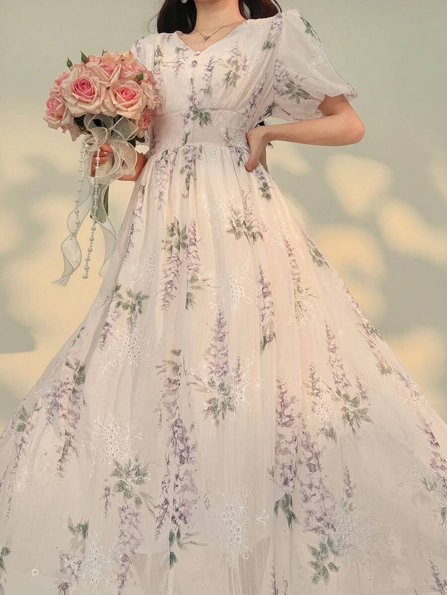 DAZY 女士优雅花卉刺绣V领泡泡袖中长连衣裙，春夏婚礼宾客礼服/吊带裙 - 淺粉色 - 查看 1