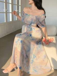 DAZY 女士优雅印花长连衣裙，方领设计，夏季款 - 粉色 - 查看 8