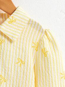 Elladie kids Blusa de manga larga con decoración de lazo a rayas para niñas jóvenes - Amarillo - Ver 6