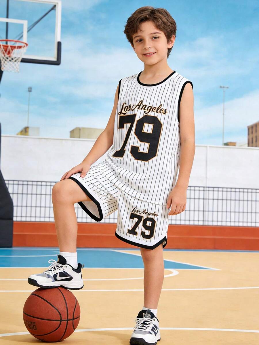 SHEIN 2pcs/Set Tween Boy Casual Loose Letter Graphic Tank Top And Shorts Set, Versatile For Commuting, School, Daily Wear, Sports, Spring/Summer - White - View 1