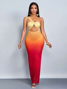 SOLERSUN 女士夏季度假渐变色无袖不对称侧开叉镂空性感连衣裙 - 紅色 - 查看 7