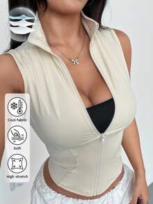 SHEIN EZwear 女士杏色拉链针织吊带背心，简约设计，适合夏季穿着 - 杏色 - 查看 9