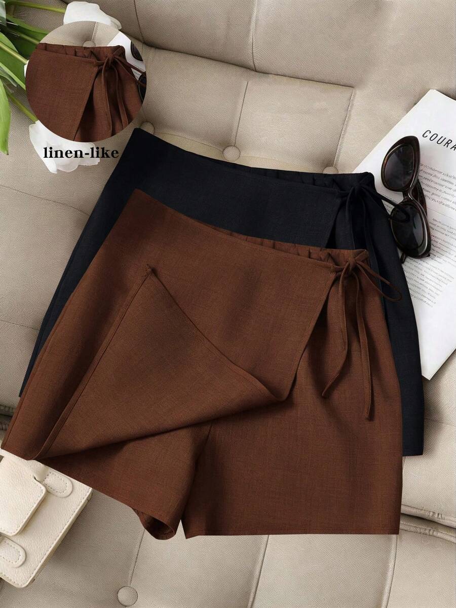 Chiquease 女士优雅休闲宽松亚麻质感抽绳腰带短裤/半身裙，适合春夏外出、通勤、派对、音乐会、海滩、街头风、日常穿着，棕色、浅棕色 - 卡其色 - 查看 1