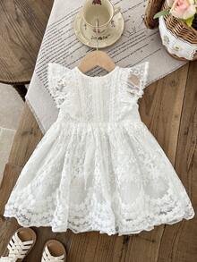 SHEIN LMoss Kids Đầm dệt trơn màu trơn cổ tròn bằng vải lưới thêu họa tiết viền bèo nhún cho bé gái - trắng - Xem 4