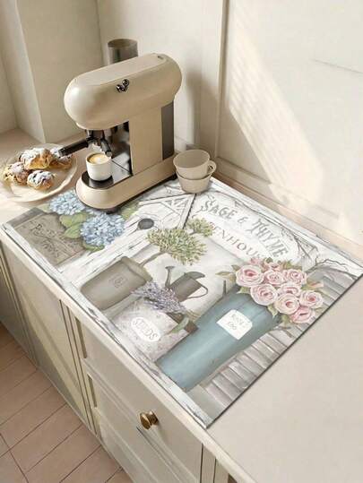 1 pieza, Alfombrilla de secado de goma con patrón de impresión de café retro, vajilla para cafetería y restaurante, alfombra de cocina para vajilla, alfombrilla de mesa de barro de diatomeas duradera, alfombrilla para mascotas.