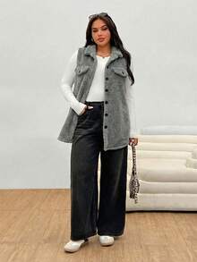 SHEIN EZwear 大码女式无袖休闲保暖抓绒外套，灰色 - 灰色 - 查看 5
