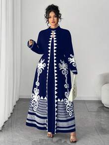 Elenzga Đầm dài dáng suông họa tiết hoa vintage cỡ lớn, đầm dáng suông thanh lịch họa tiết hình học cỡ lớn, thích hợp cho phụ nữ công sở mặc vào mùa thu. - Màu xanh lam - Xem 8