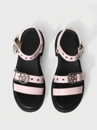 Goth Sandali estivi da donna con punta aperta, stile rock dark, punk, gotico, romano, per la spiaggia, con cinturino a stella, zeppa platform, scarpe primaverili per vacanze di primavera, Pasqua, Ognissanti, Natale