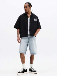 SUMWON Cămașă bărbătească supradimensionată cu mânecă scurtă, cu imprimeu numeric și guler clasic, pentru ținută casual de vară - Negru - Vizualizare 3