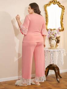 Côtesoire Elegant Lace Patchwork Palace Style Plus Size Long Sleeve Pajama Set - Dusty Pink - View 2