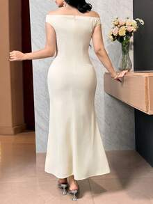 Feyla Women's Elegant Solid Color Pleated Off-Shoulder Fishtail Hem Dress, Summer - Apricot - View 7
