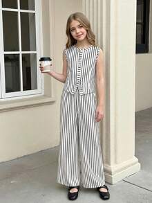 Tween Girl Striped Single-Breasted Top And Wide-Leg Pants Casual Suit - Beige - View 1