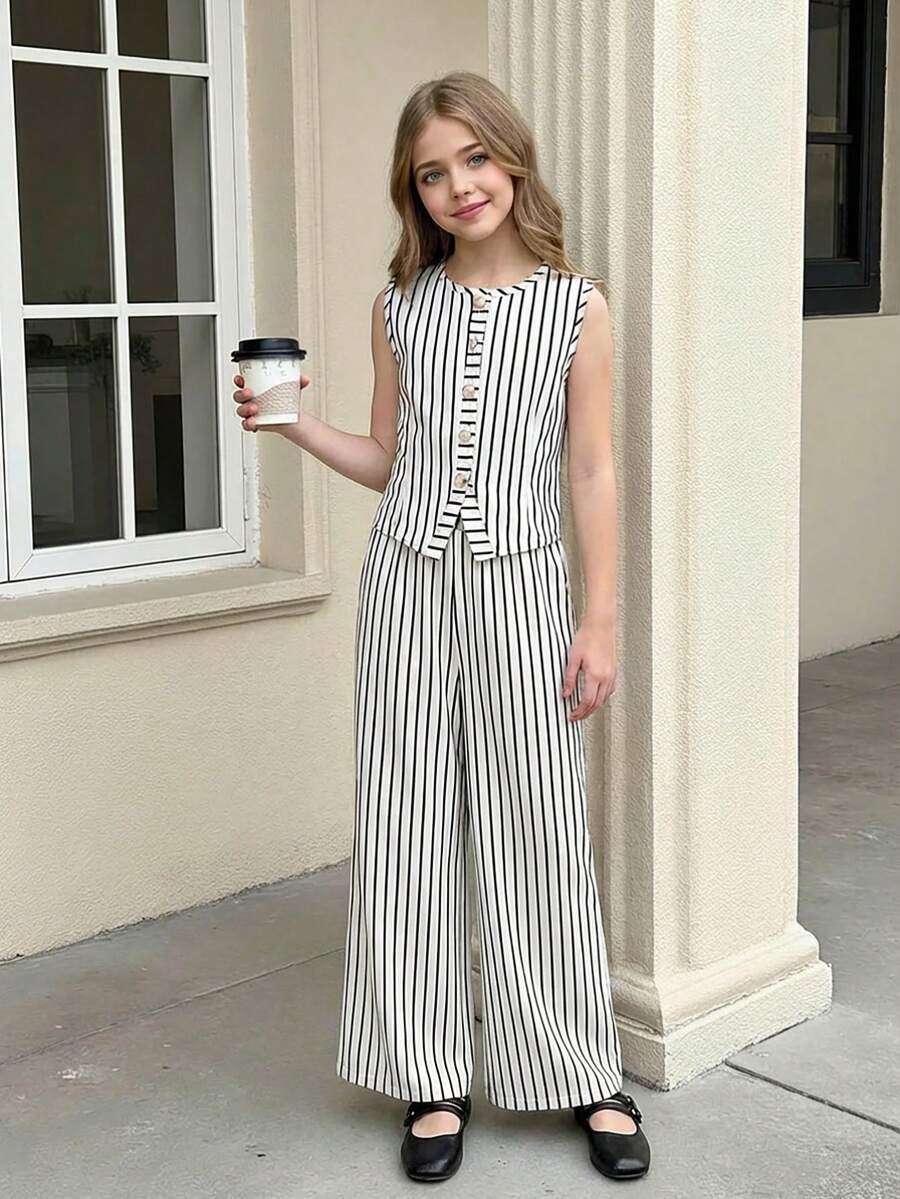 Tween Girl Striped Single-Breasted Top And Wide-Leg Pants Casual Suit - Beige - View 1
