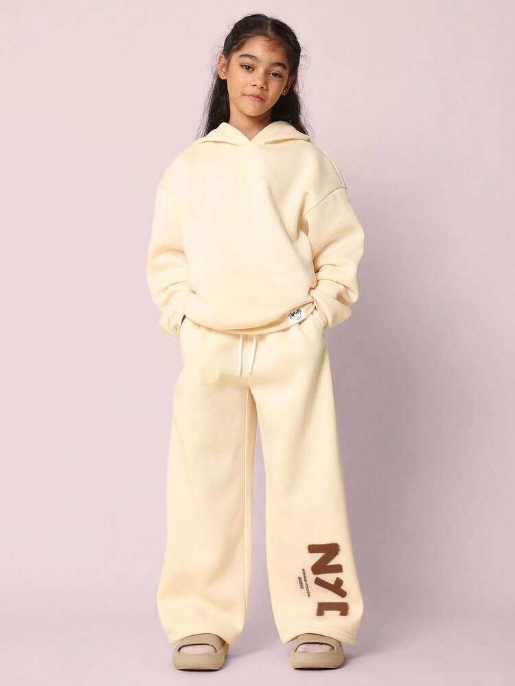 SUMWON Tween Girls Comfy Regular Fit NYC Graphic Printed Overhead Hoodie And Wide Leg Sweatpants 2 Piece Set Vacation