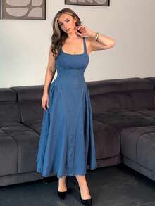 Jeta Ari Women Sleeveless Denim Casual Dress, Summer - Blue - View 4