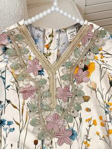 SHEIN Baby Girl Floral Pattern Ribbon Trim V-Neck Cute Dress - Chocolate Brown - View 7